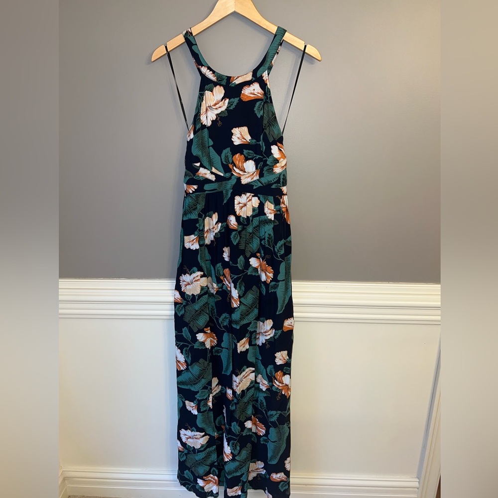 Lulu's Navy Floral Halter Maxi Dress with Green Leaves and Peach Blooms - Picture 2 of 9